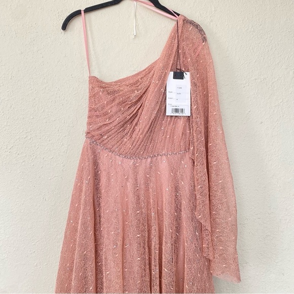 Mac Duggal Lace One Shoulder‎ Illusion Sleeve A Line salmon Gown- NWT size 4 - Picture 5 of 16